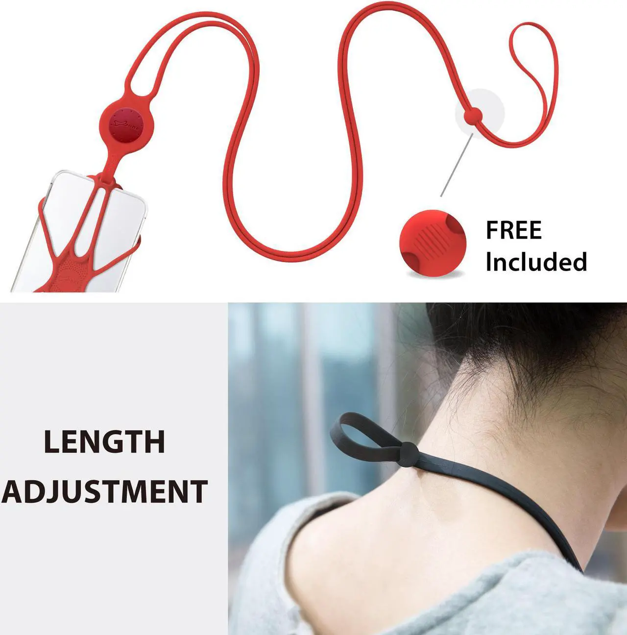 Alt view image 4 of 7 - Bone Crossbody Lanyard Phone Tie 2, Universal Anti-Lost Crossbody Cell Phone Lanyard Case for iPhone 13 12 11 Pro Max Mini, Adjustable Silicone Lanyard, for 4-6.7" Phone (Black) Red