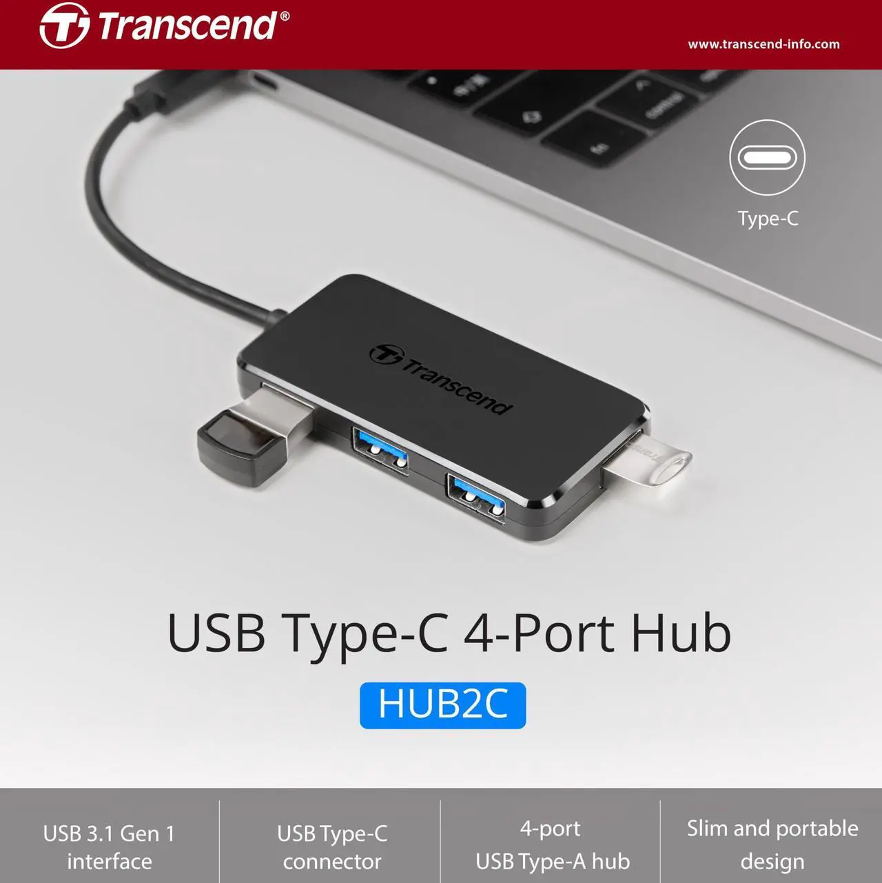 Alt view image 13 of 15 - Transcend USB Type-C 4-Port Hub USB3.1 Gen 1