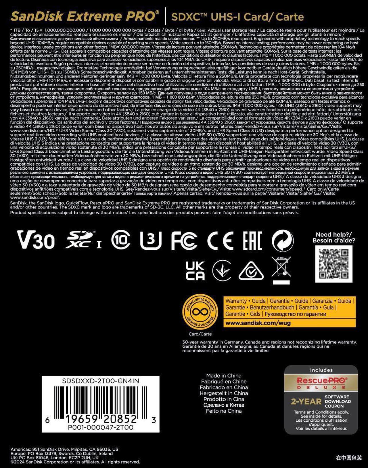 Alt view image 11 of 11 - SanDisk Extreme Pro 2TB Secure Digital Extended Capacity (SDXC) Memory Card Model SDSDXXD-2T00-GN4IN