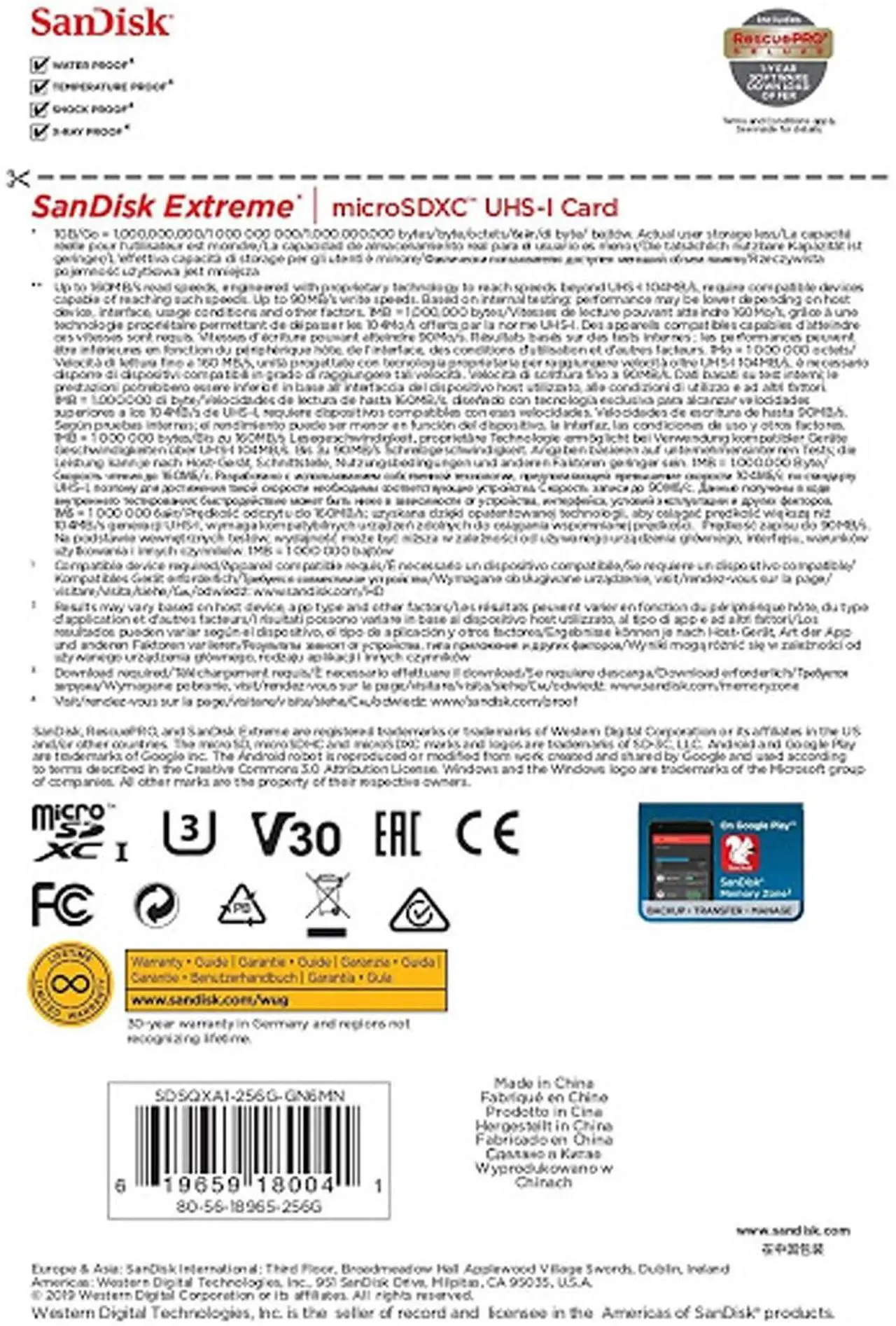 Alt view image 5 of 10 - SanDisk SDSQXA1-256G-GN6MN DJT 256GB 8pin microSDXC r160MB/s w90MB/s C10 U3 V30 A2 UHS-I SanDisk Extreme microSDXC Memory Card w/out Adapter