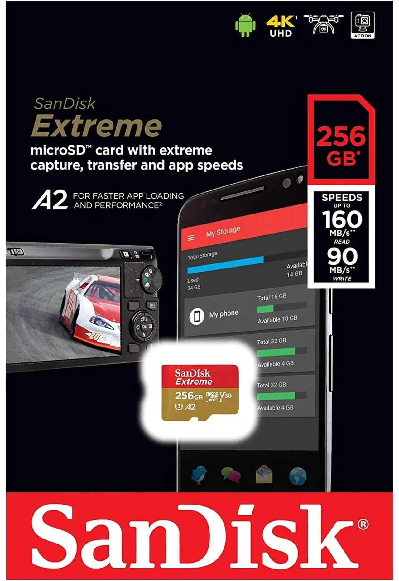 Alt view image 6 of 10 - SanDisk SDSQXA1-256G-GN6MN DJT 256GB 8pin microSDXC r160MB/s w90MB/s C10 U3 V30 A2 UHS-I SanDisk Extreme microSDXC Memory Card w/out Adapter