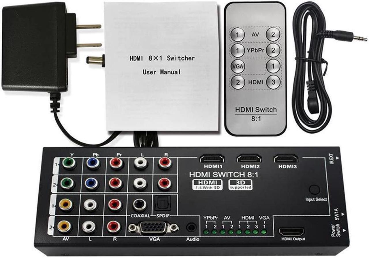 Main image of RCA VGA Video AV Audio HDMI Switch 8x1 Switcher Analog HDTV Splitt Converter Box Multi-Functional HDMI Converter Switch 8 Inputs to HDMI+COAXIAL+SPDIF Output Support 3D and Surround Sound for 1080P HD