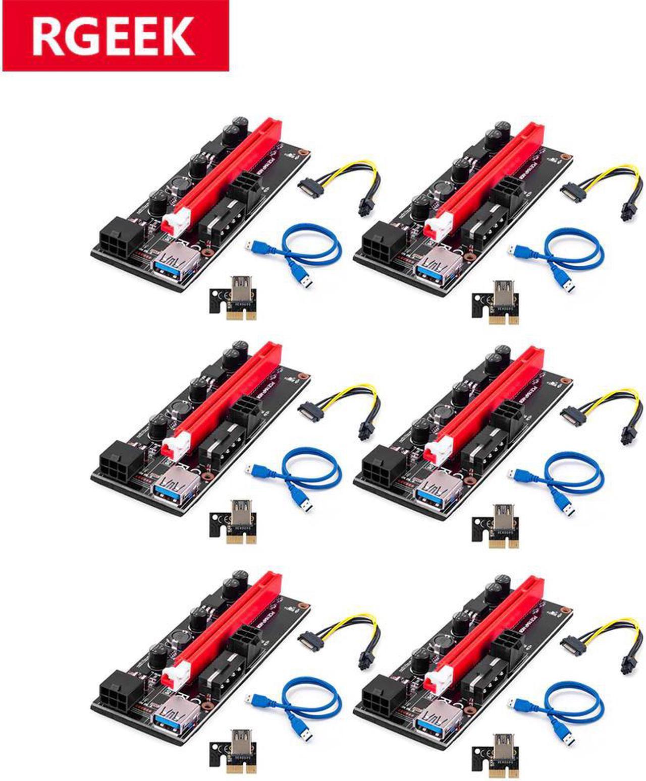 RGEEK 6pcs VER009 USB 3.0 PCI-E Riser VER 009S Express 1X 4x 8x 16x Extender Riser Adapter Card SATA 15pin to 6 pin Power Cable