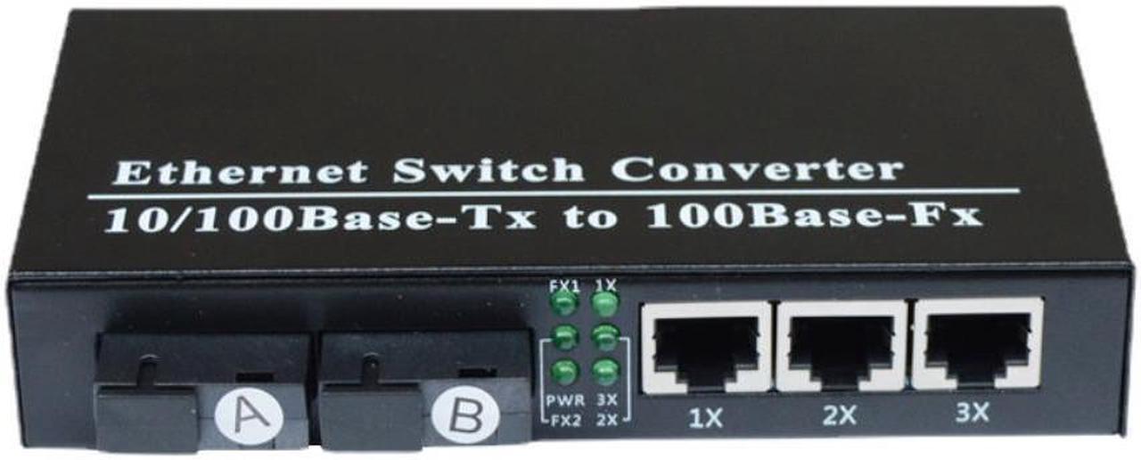 100M Fiber Optic Transceiver 2 Fiber Port 3 RJ45 Ethernet Ports Single-Mode Optical Fiber Media Converter Fiber Switch