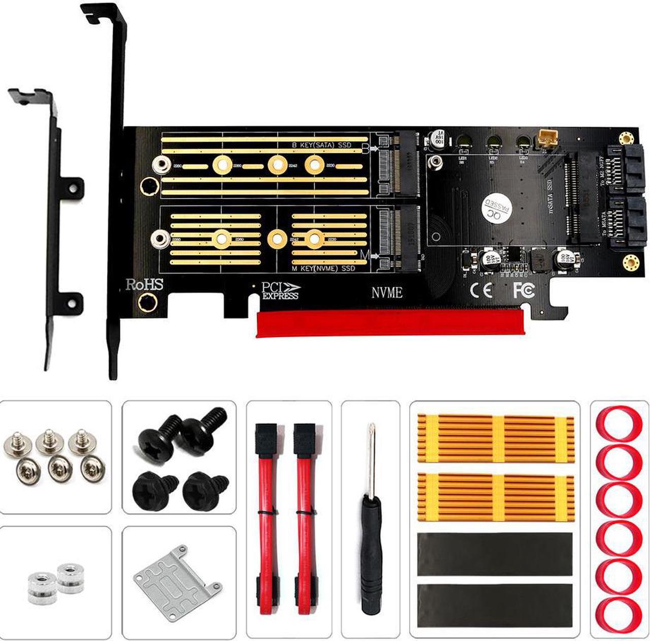 QINDIAN Add On Card M.2 NVME NGFF mSATA Riser PCIE to M2 Adapter with Gold M.2 Heatsink SSD Cooling PCI Express X4/X8/X16 Raiser