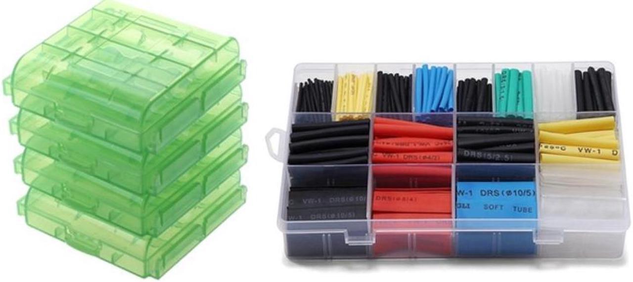 4 Pcs AA / AAA Storage Hard Case Box-Green & 580 Pcs 2:1 Heat Shrink Tube 6 Colors 11 Sizes Tubing Set Combo Assorted Sl