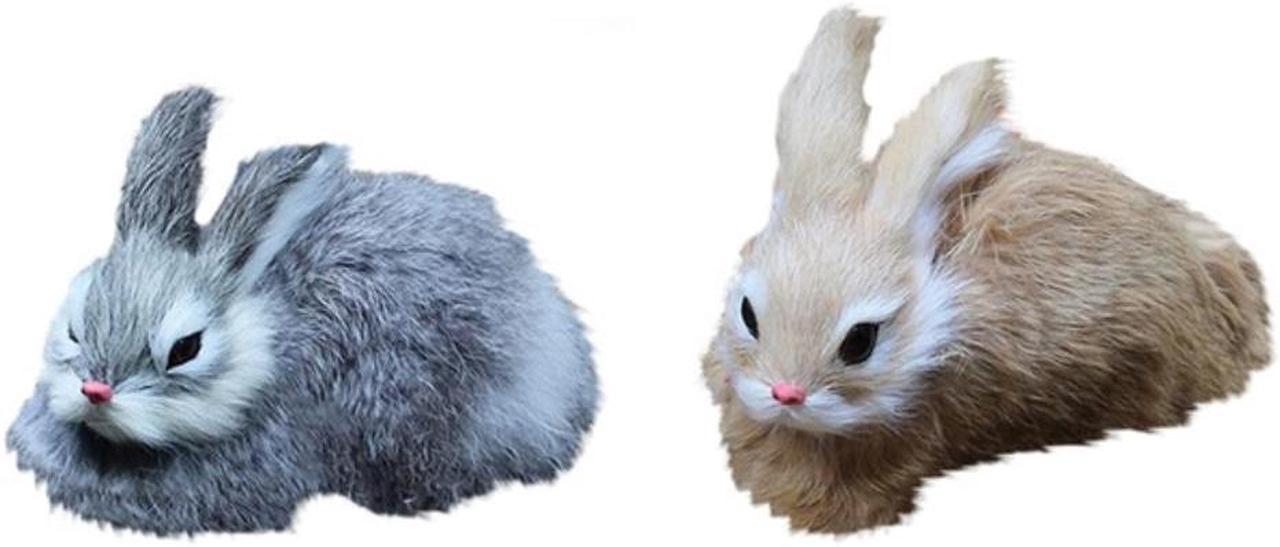 2X 15Cm Mini Realistic Cute Plush Rabbits Fur Lifelike Animal Easter Bunny Simulation Rabbit Toy Model Birthday Gift(Khaki&Gray)