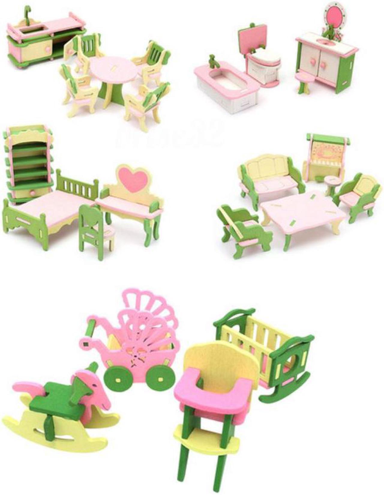 5 Set Wooden Dollhouse Miniature Furniture Puzzle Model Children Kids Toys, A & B