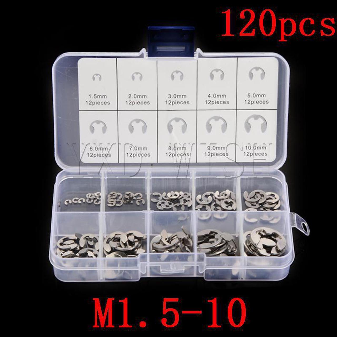 Kit d'assortiment de circlips en acier inoxydable 120, 304 pièces, bague de retenue pour fixation d'arbre M1.5-M10