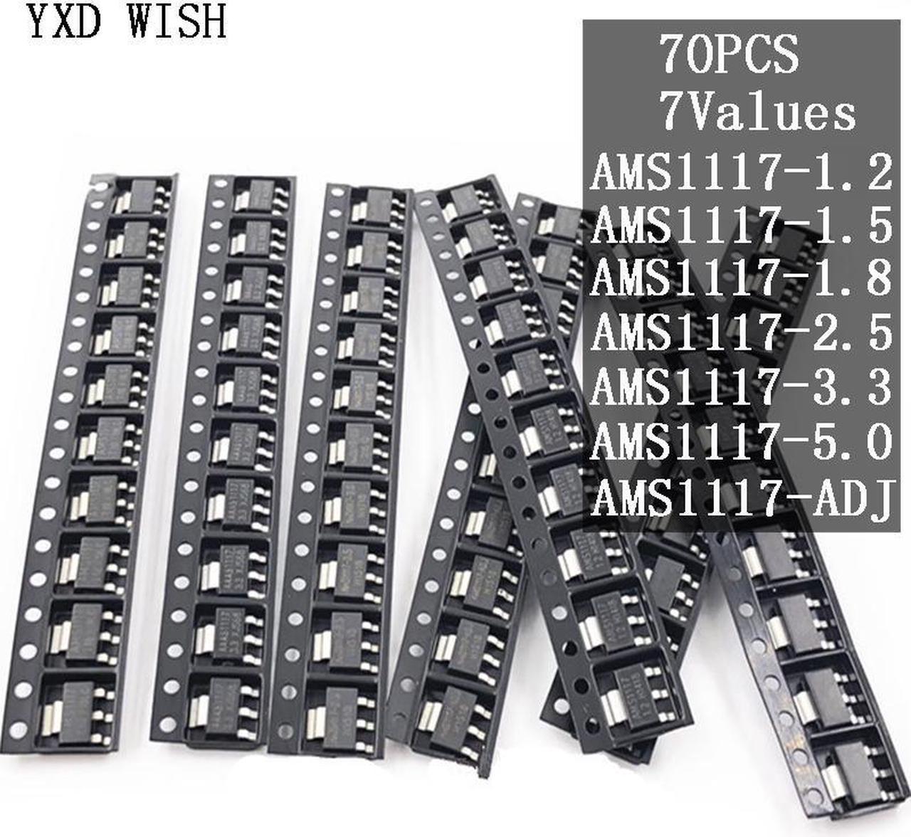 Régulateur de tension AMS1117, kit 1,2 V/1,5 V/1,8 V/2,5 V/3,3 V/5,0 V/ADJ 1117 avec 7 valeurs x 10 = 70 pièces,