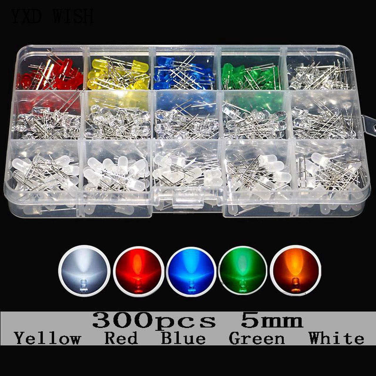 Kit de diodes électroluminescentes F5, 300 pièces, 15 types de diodes électroluminescentes, 5MM, blanc chaud, rouge, vert, bleu, rose, violet, UV, Orange, jaune