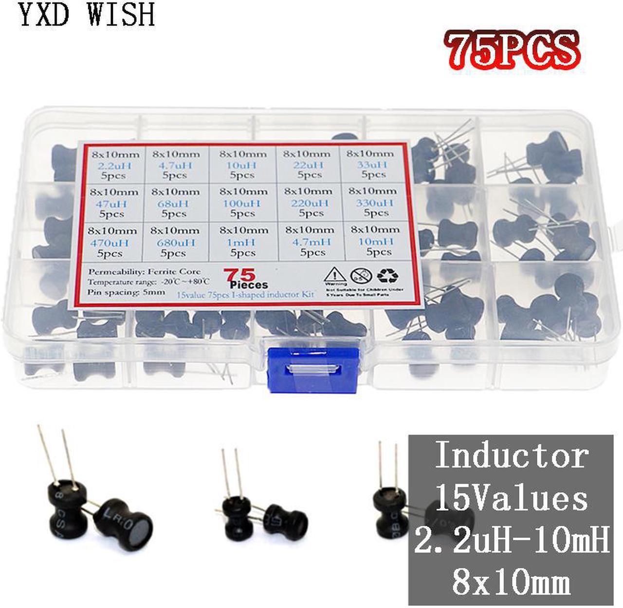 Jeu d'inducteurs de starter, 75 pièces/boîte pièces,-10mh, 15 valeurs x 5 pièces, 8x10mm, Kit assorti