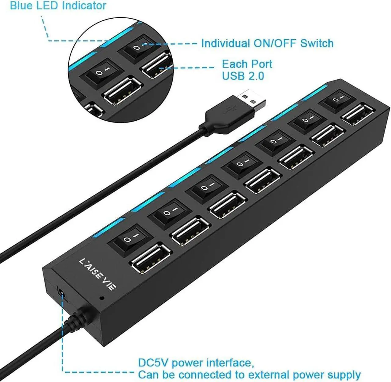 Alt view image 4 of 5 - Multi Port USB Splitter, 7 Port USB 2.0 Hub, USB A Port Data Hub with Independent On/Off Switch and LED Indicators, Lights for Laptop, PC, Computer