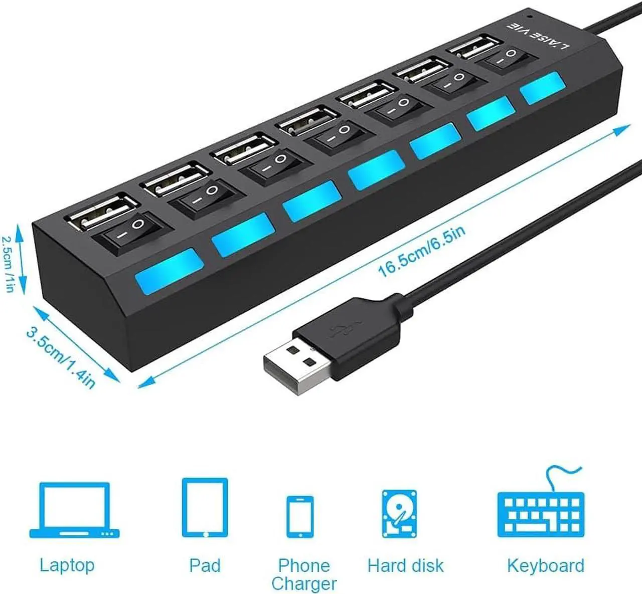 Alt view image 5 of 5 - Multi Port USB Splitter, 7 Port USB 2.0 Hub, USB A Port Data Hub with Independent On/Off Switch and LED Indicators, Lights for Laptop, PC, Computer