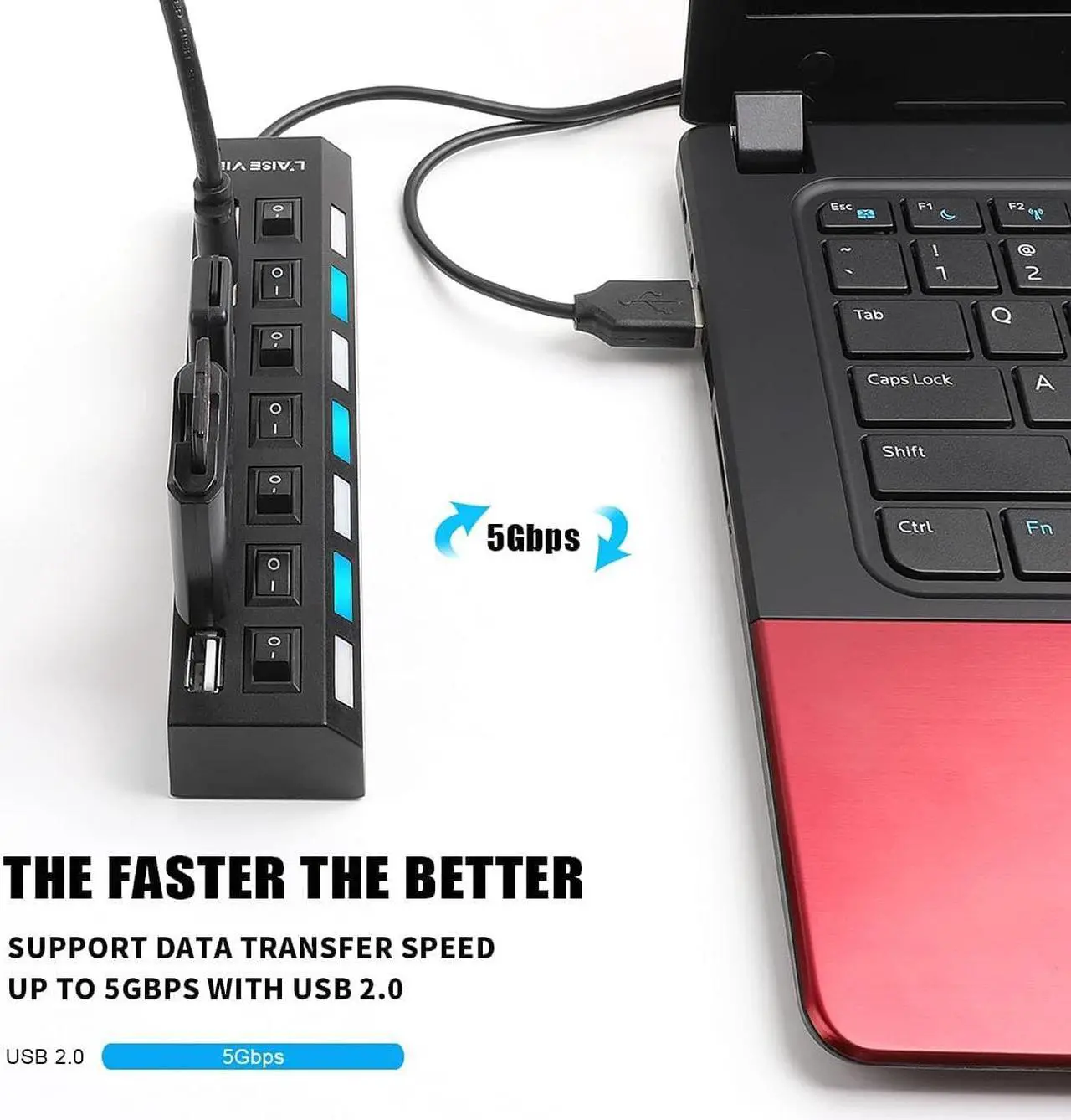 Alt view image 3 of 5 - Multi Port USB Splitter, 7 Port USB 2.0 Hub, USB A Port Data Hub with Independent On/Off Switch and LED Indicators, Lights for Laptop, PC, Computer