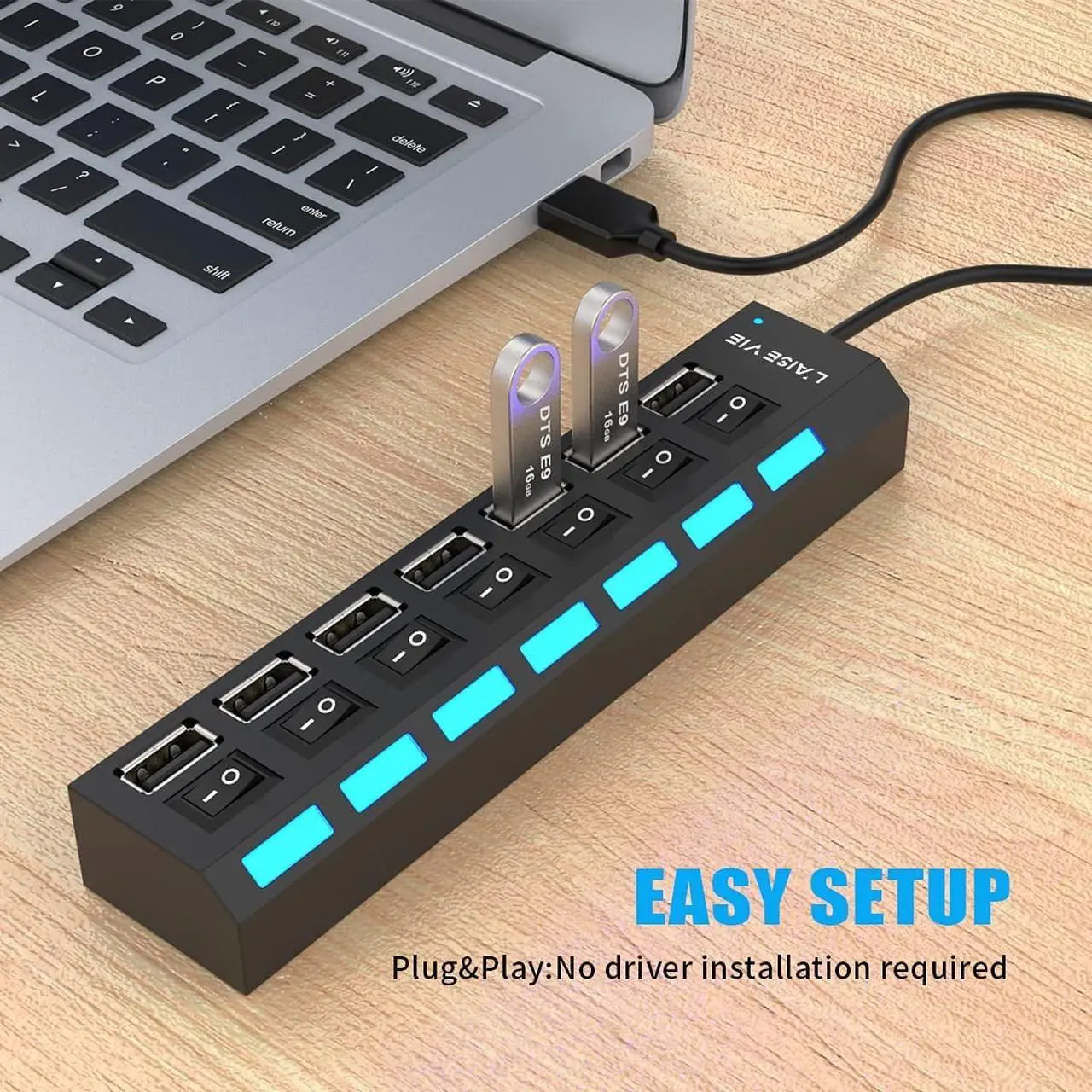 Main image of Multi Port USB Splitter, 7 Port USB 2.0 Hub, USB A Port Data Hub with Independent On/Off Switch and LED Indicators, Lights for Laptop, PC, Computer