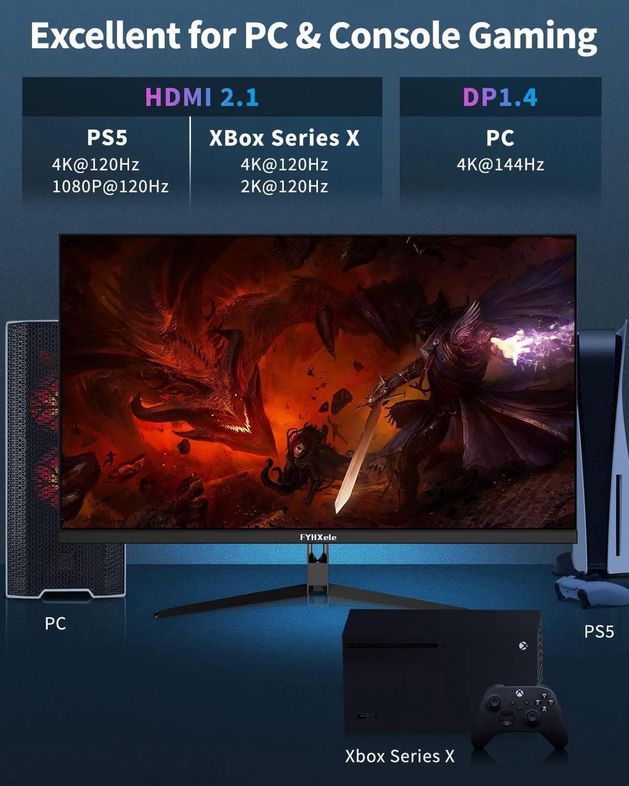 Alt view image 3 of 7 - FYHXele 4K Gaming Monitor 144Hz 32inch, Fast UHD IPS Computer Monitor, 1ms, VESA Mountable, DSC, Built-in Speakers, Free-Sync, 1xDP1.4, 1xHDMI2.1, 1xHDMI2.0, 1xUSB-C, USB Hub, 95% DCI-P3, HDR400