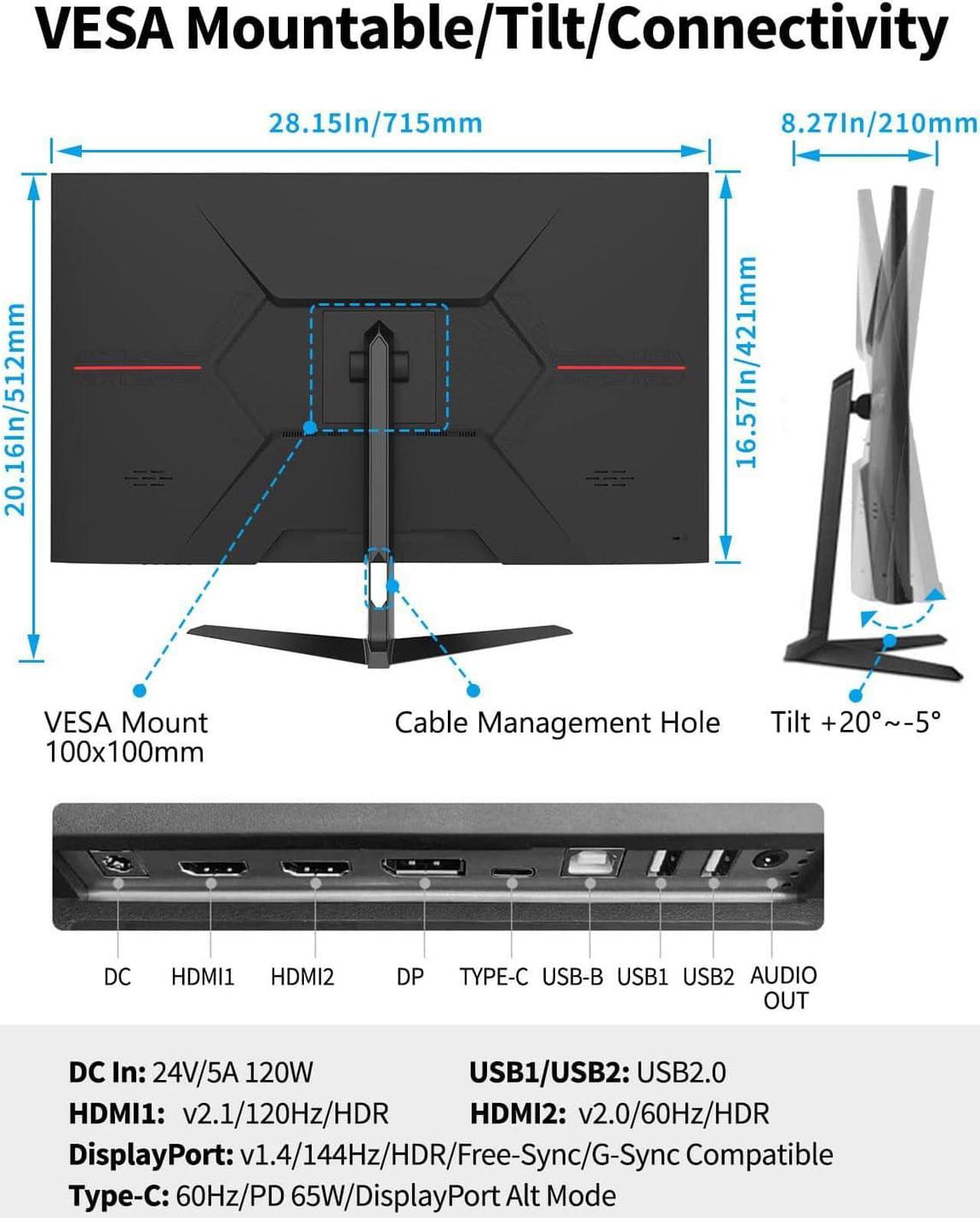 Alt view image 7 of 7 - FYHXele 4K Gaming Monitor 144Hz 32inch, Fast UHD IPS Computer Monitor, 1ms, VESA Mountable, DSC, Built-in Speakers, Free-Sync, 1xDP1.4, 1xHDMI2.1, 1xHDMI2.0, 1xUSB-C, USB Hub, 95% DCI-P3, HDR400