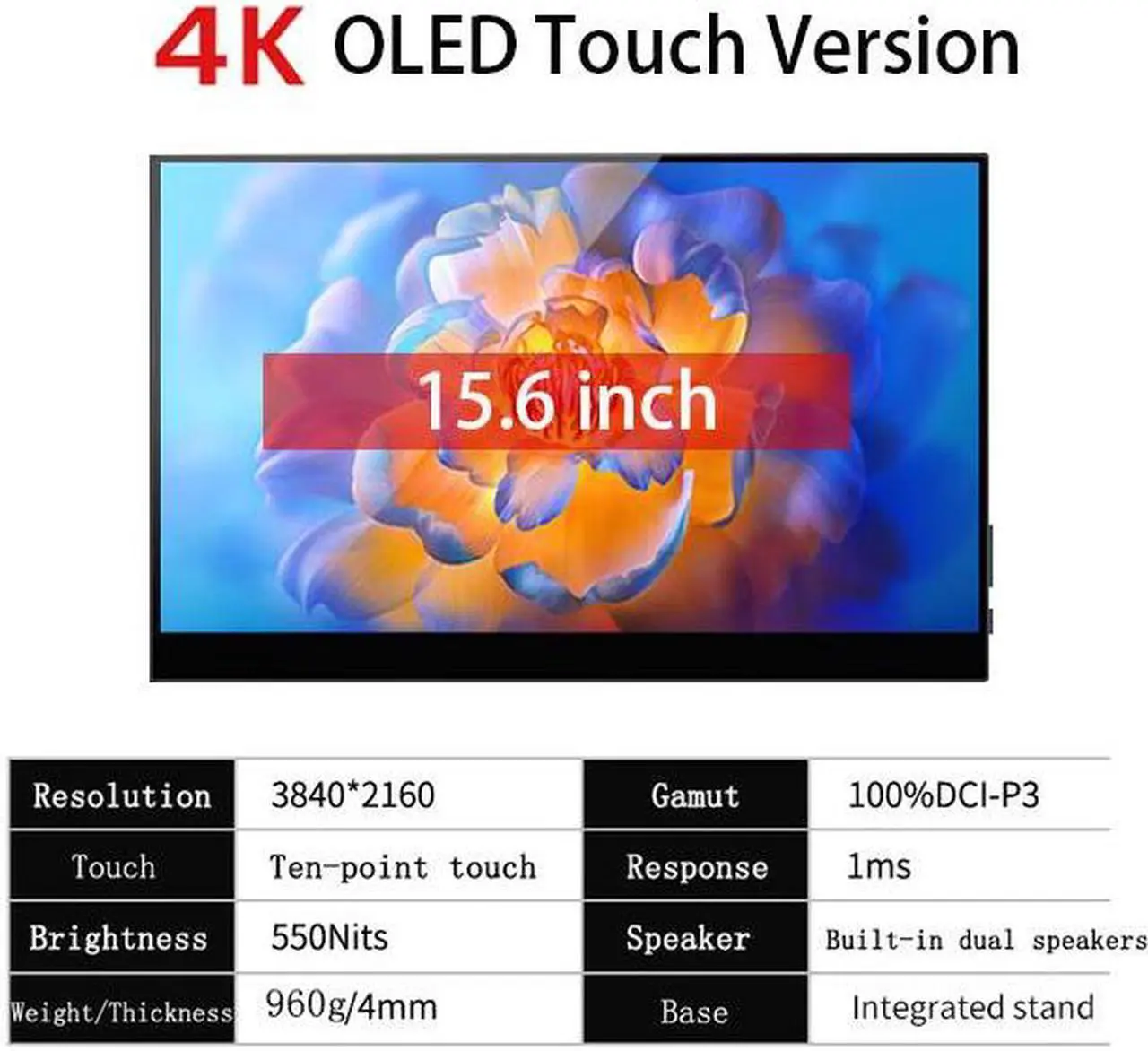 Alt view image 7 of 7 - 15.6inch 4K OLED portable monitor 10-points touchscreen UHD HDR400 550nits IPS monitor for laptops with type C