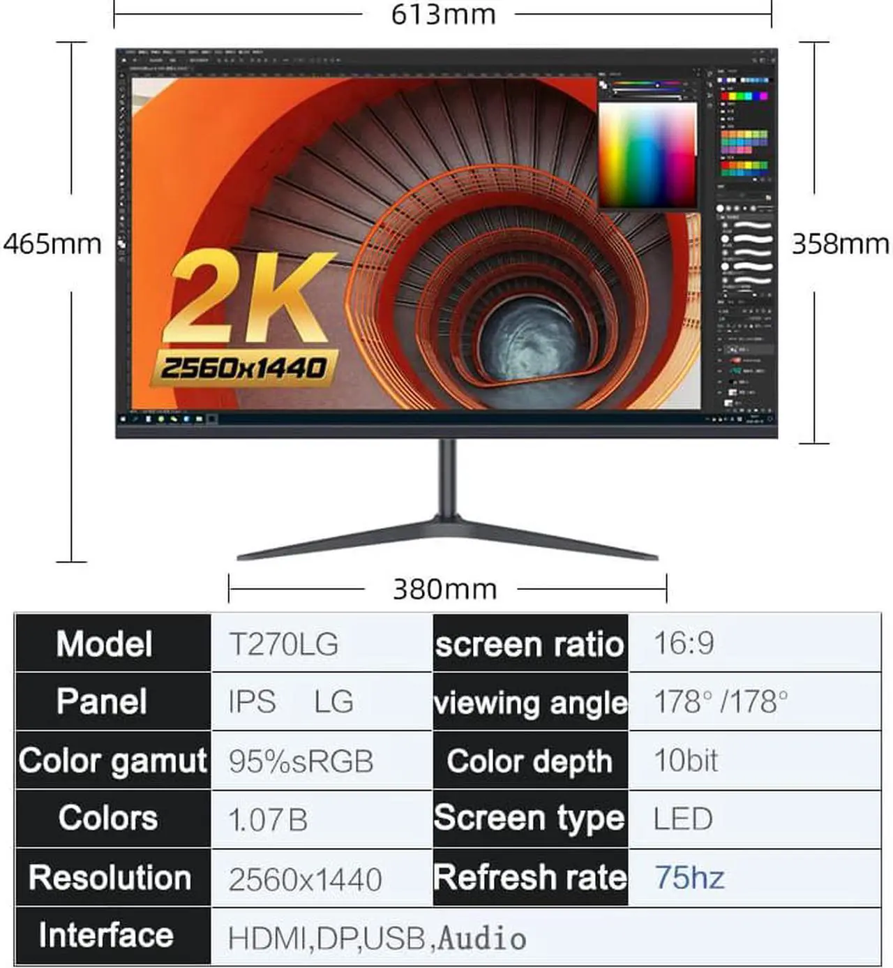 Alt view image 7 of 7 - 24" IPS Monitor QHD 75HZ Gaming Monitor 100%sRGB Free-sync LCD Display Eye Protect Support HDMI DP