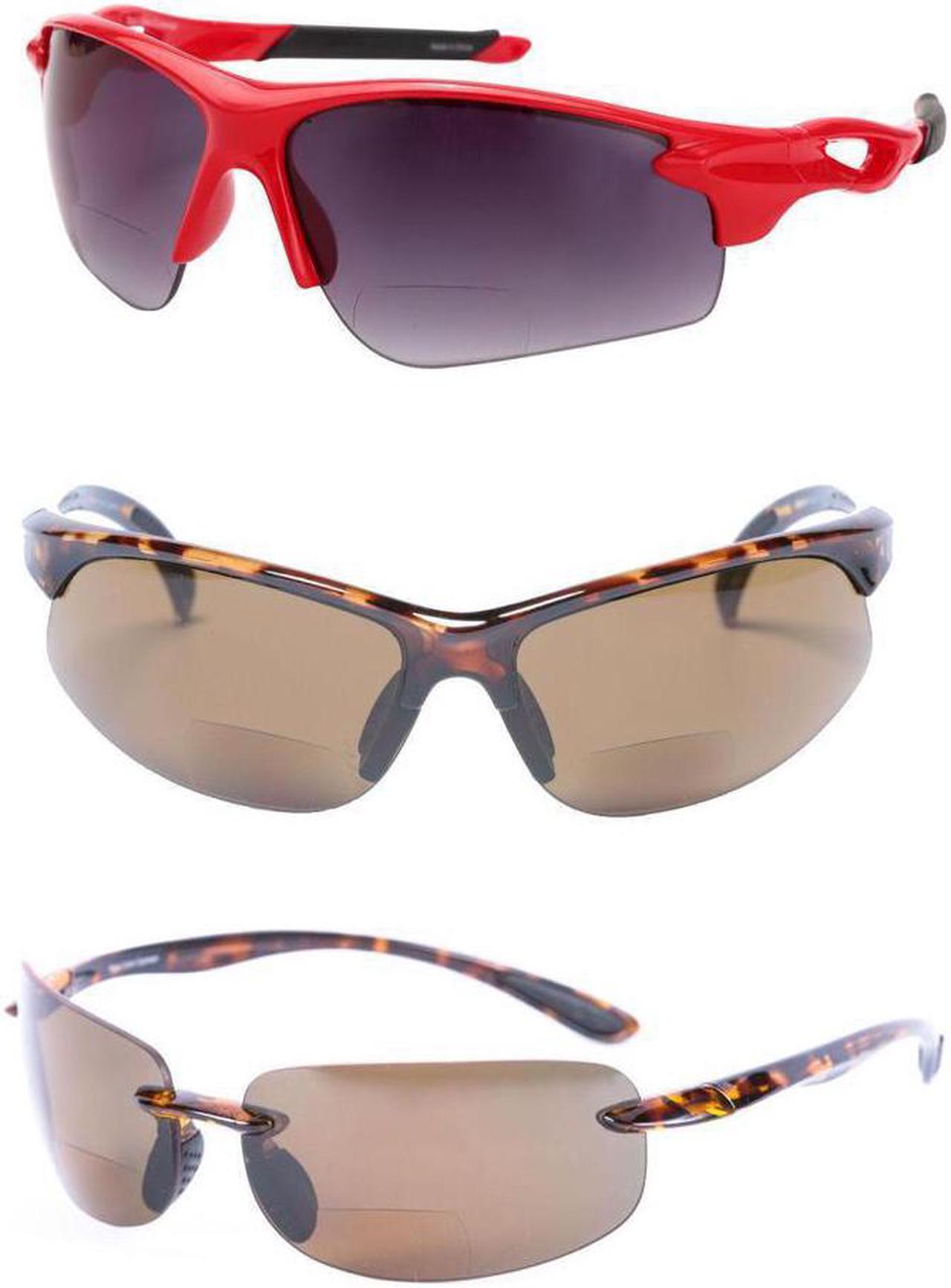 "The Allstars" 3 Pair of our Most Popular Bifocal Sport Wrap Unisex Sunglasses +3.00 Red Tortoise Shell