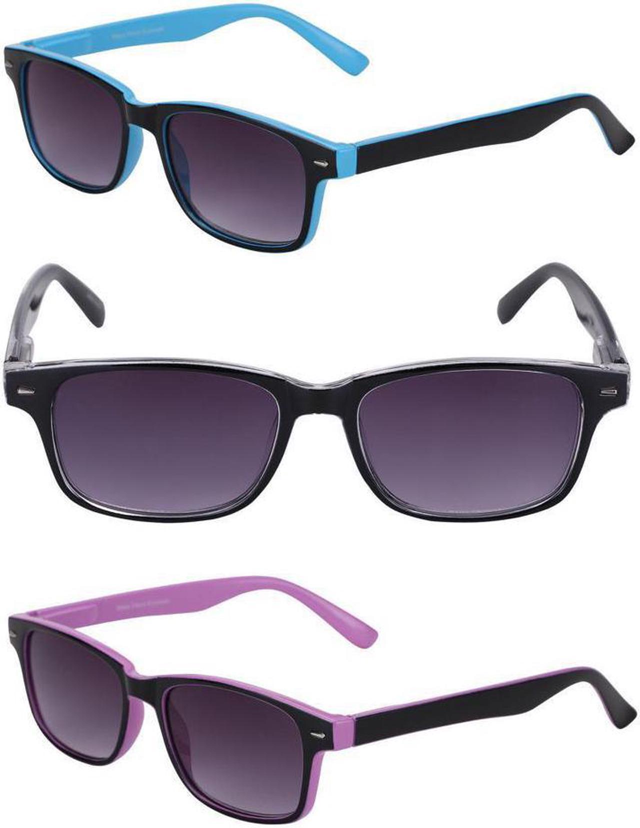 "The Summerville" 3 Pair of Full Reading Lens Sunglasses for Women and Men +2.25 Black/Blue/Purple