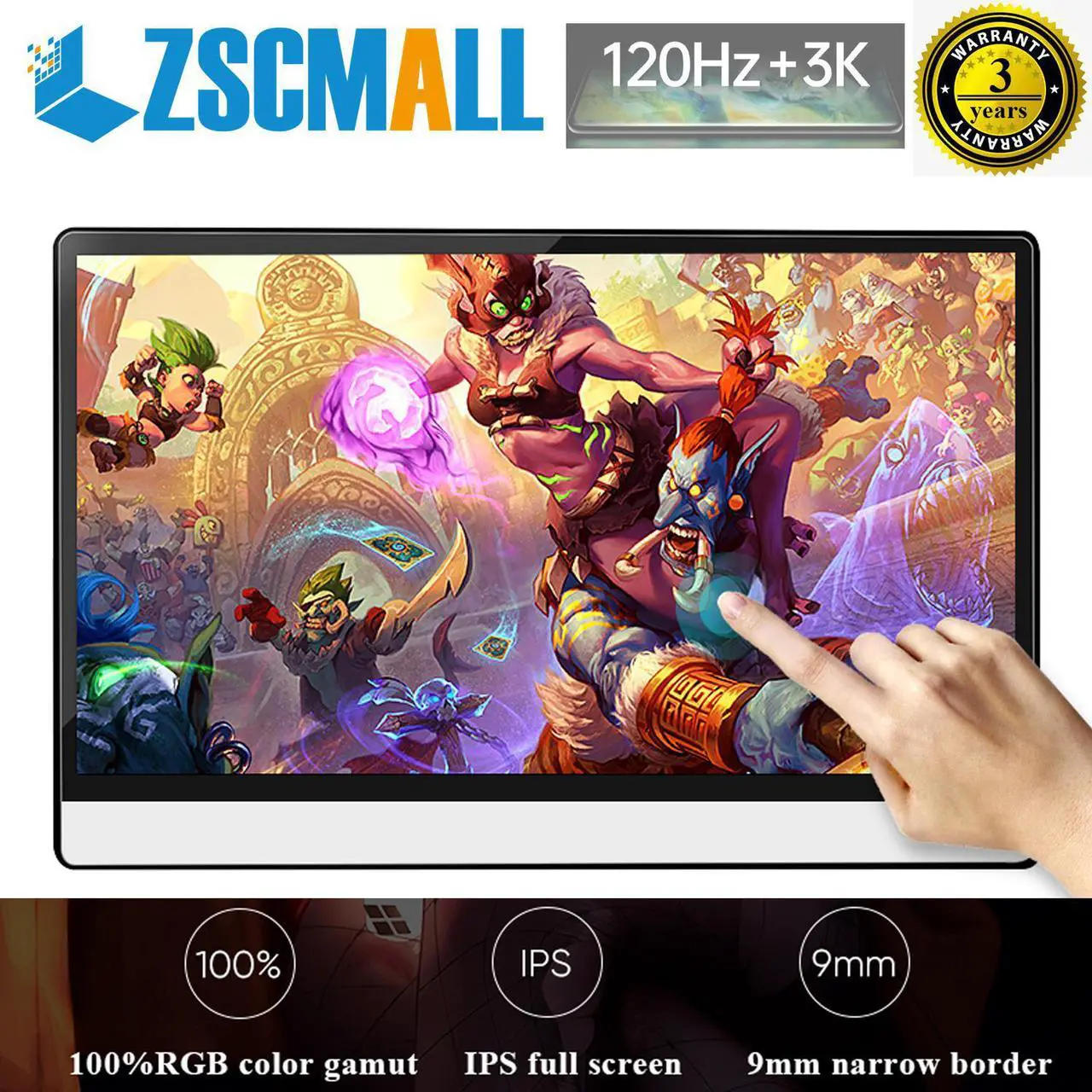 Main image of ZSCMALLS 3K Touchscreen Portable Monitor  Resolution 13.3 Inch Lightweight Dual USB C Computer Display with Mini HDMI Type-C Built-in Speaker for Laptop PC Phone PS4 Xbox Mac Smart Cover Included