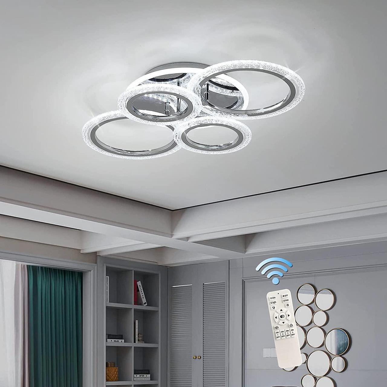 Modern Ceiling Light 58W Dimmable Flush Mount LED Ceiling Lamp 4 Rings Acrylic Ceiling Chandelier for Living Room Dining Room Bedroom,Chrome