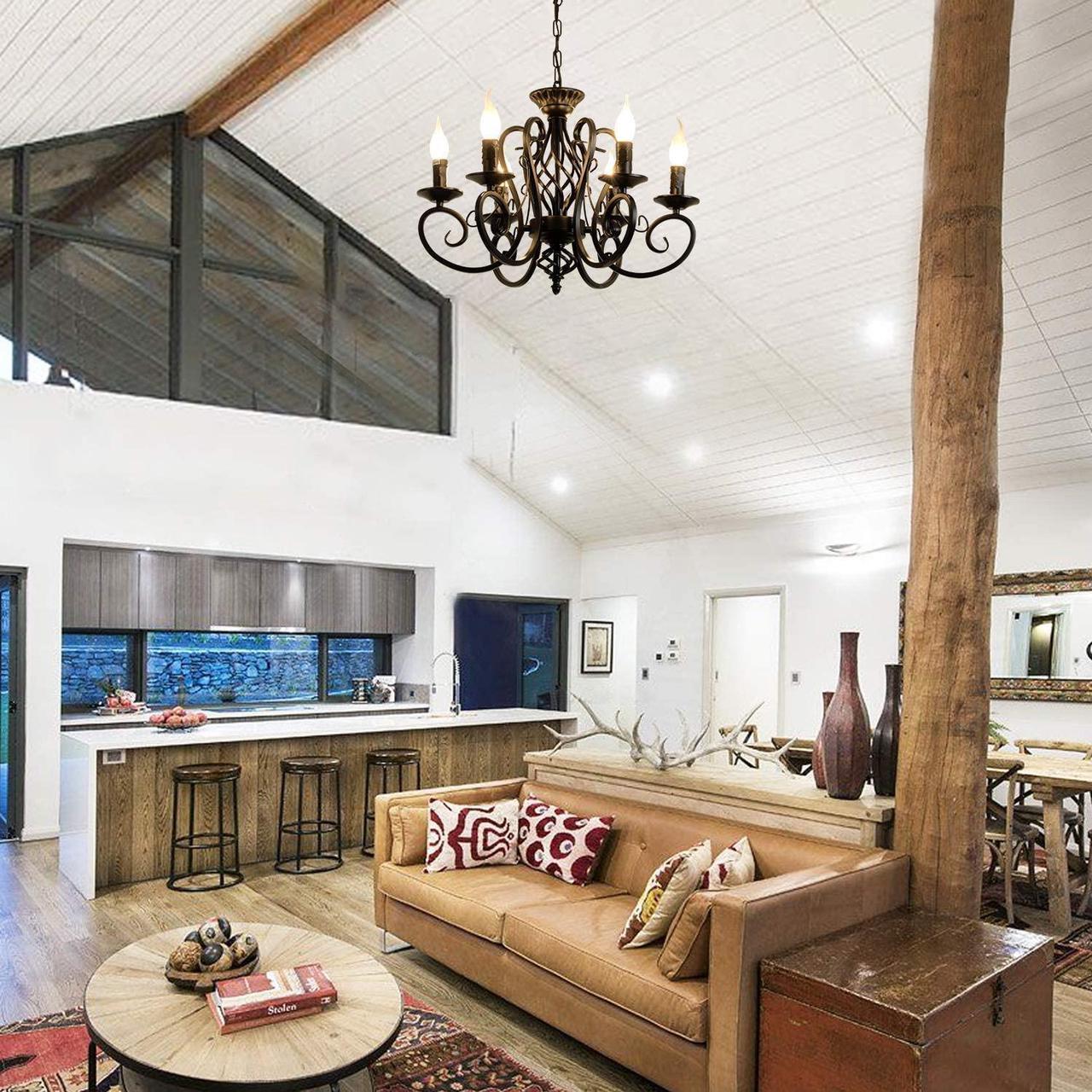 Alt view image 2 of 7 - Rustic French Country Chandelier,6 Lights Farmhouse Candle Iron Chandeliers,Vintage Metal Pendant Light Fixture for Kitchen Island,Dining Room,Bedroom