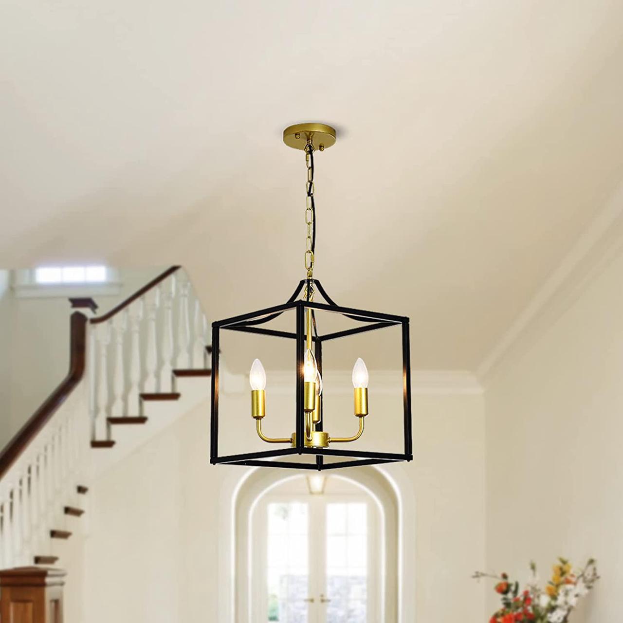 Industrial Metal Lantern Chandeliers 4-Light Adjustable Height Farmhouse Ceiling Chandelier, Rustic Gold Kitchen Island Hanging Lighting Fixture for Foyer Hallway Dining Room