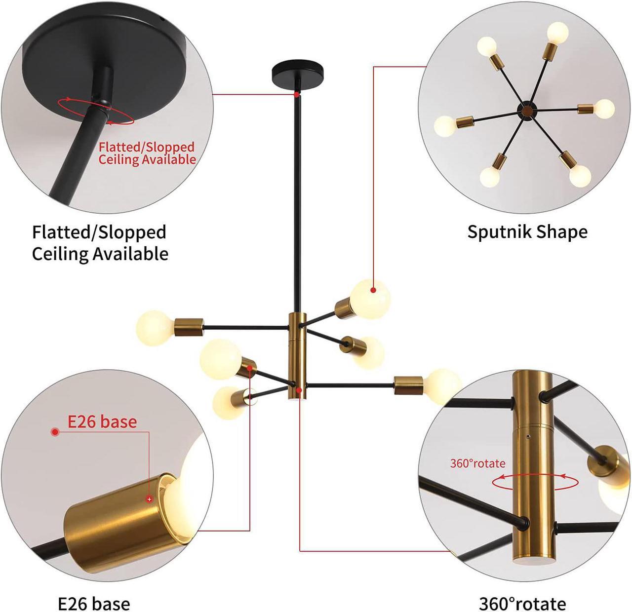 Alt view image 6 of 7 - Sputnik Chandelier Mid Century Modern Chandeliers Light Fixture Industrial Adjustable Black & Gold Ceiling Pendant Lighting for Living Room Dining Bedroom Kitchen Foyer (6-Light)