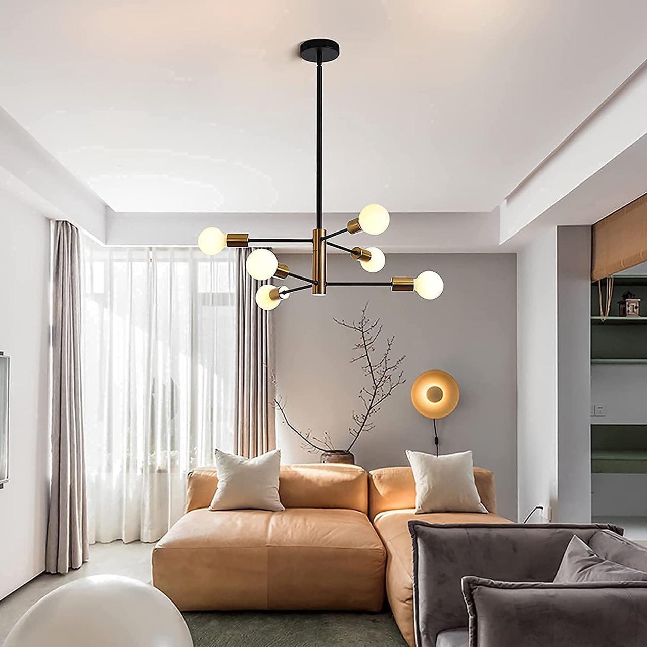 Alt view image 3 of 7 - Sputnik Chandelier Mid Century Modern Chandeliers Light Fixture Industrial Adjustable Black & Gold Ceiling Pendant Lighting for Living Room Dining Bedroom Kitchen Foyer (6-Light)