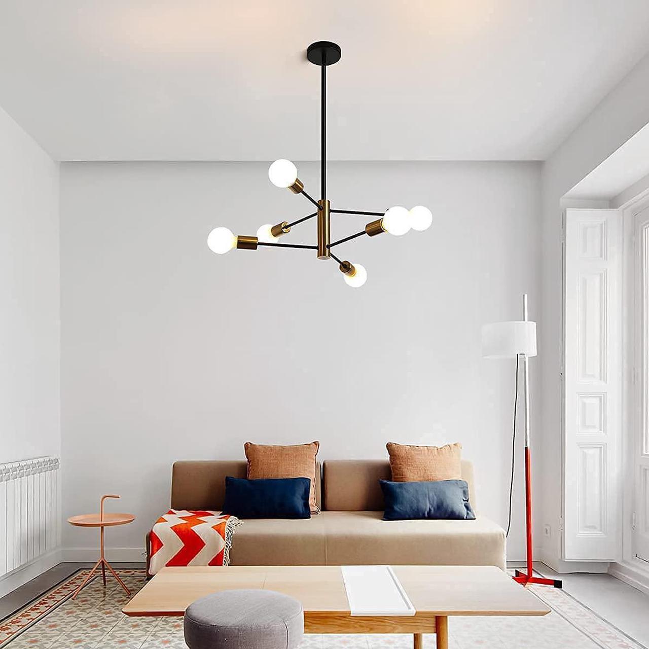 Alt view image 4 of 7 - Sputnik Chandelier Mid Century Modern Chandeliers Light Fixture Industrial Adjustable Black & Gold Ceiling Pendant Lighting for Living Room Dining Bedroom Kitchen Foyer (6-Light)
