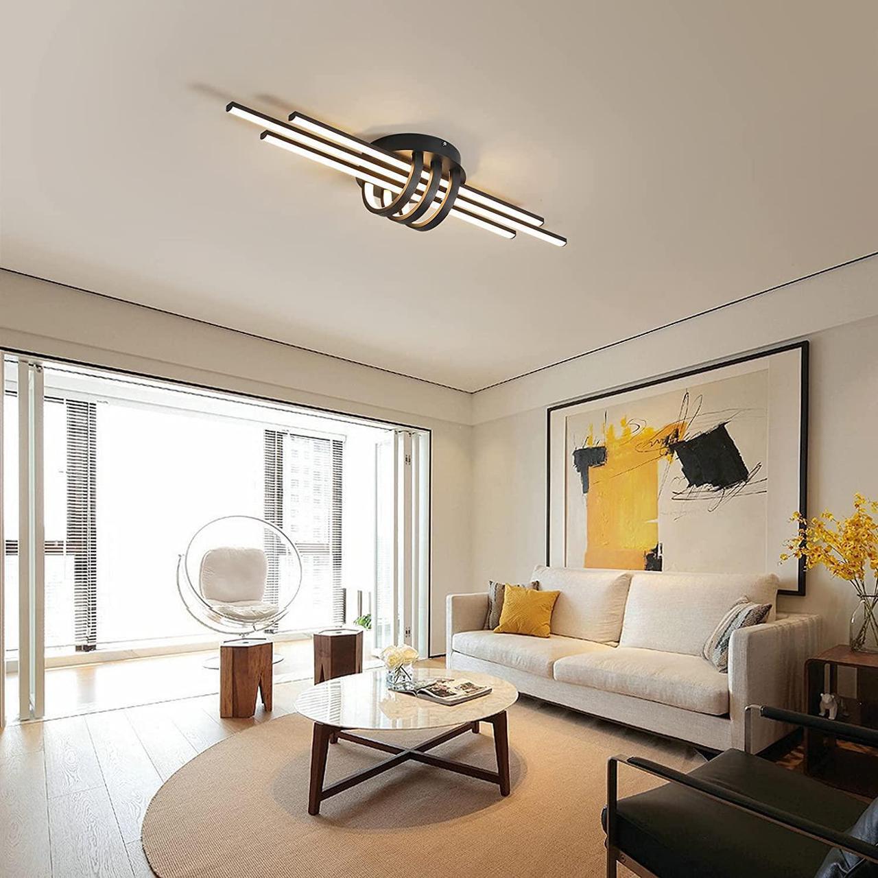 Alt view image 2 of 7 - Dimmable Ceiling Lighting Fixture, 40W Semi Flush Mount Modern LED Ceiling Lights, Industrial Geometric Linear Black Chandelier for Dining Living Room Kitchen with Remote Control