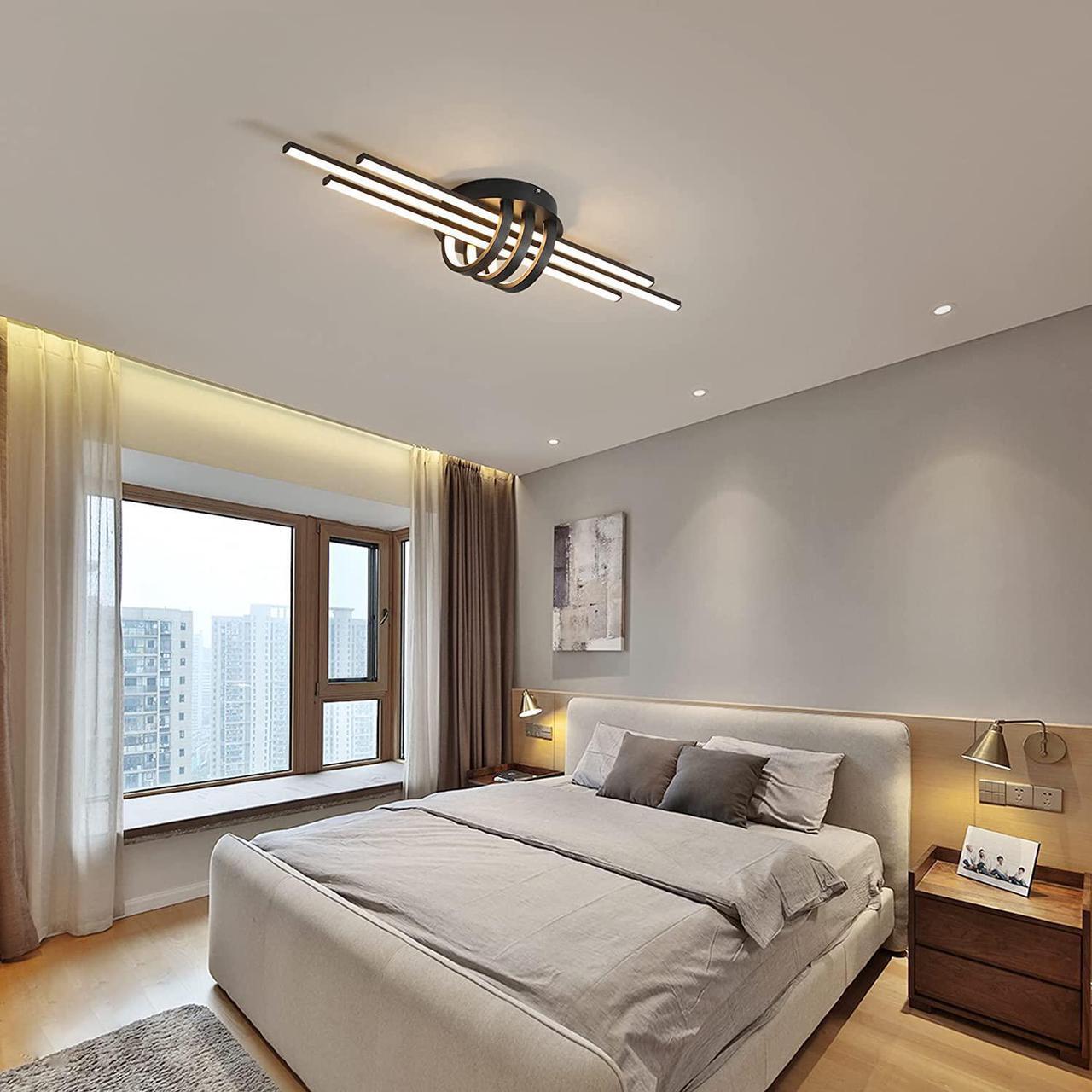 Alt view image 3 of 7 - Dimmable Ceiling Lighting Fixture, 40W Semi Flush Mount Modern LED Ceiling Lights, Industrial Geometric Linear Black Chandelier for Dining Living Room Kitchen with Remote Control