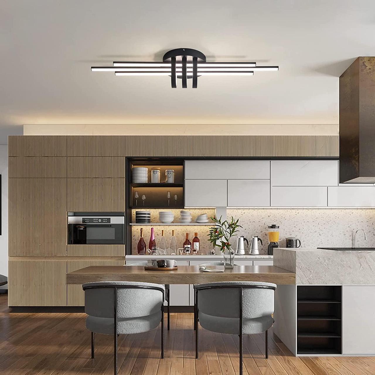 Alt view image 4 of 7 - Dimmable Ceiling Lighting Fixture, 40W Semi Flush Mount Modern LED Ceiling Lights, Industrial Geometric Linear Black Chandelier for Dining Living Room Kitchen with Remote Control