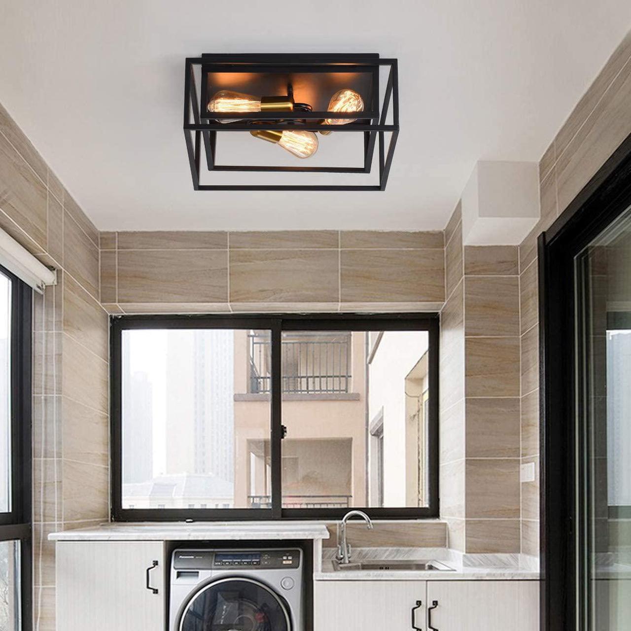 Alt view image 2 of 7 - Industrial Ceiling Light, 3 Lights Farmhouse Semi Flush Mount Ceiling Lighting Fixture for Hallway Entryway Dining Room Bedroom Foyer, Black