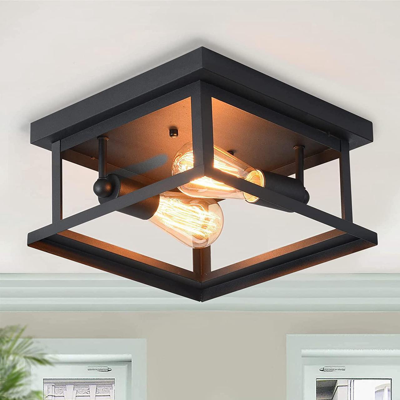 Main image of Retro Rectangle Flush Mount Ceiling Light,Industrial Farmhouse Close to Ceiling Light Black Ceiling Lamp with 2-Light for Kitchen Island Dining Room Bedroom Foyer Hallway