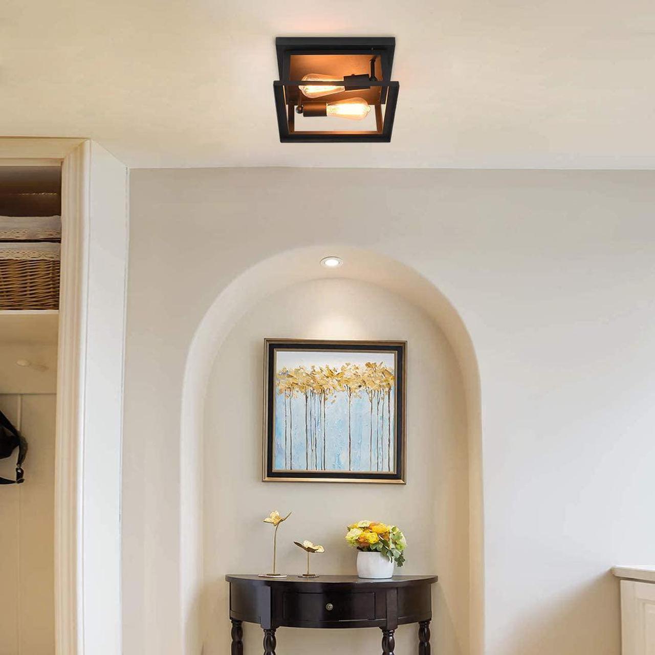 Alt view image 2 of 7 - Retro Rectangle Flush Mount Ceiling Light,Industrial Farmhouse Close to Ceiling Light Black Ceiling Lamp with 2-Light for Kitchen Island Dining Room Bedroom Foyer Hallway