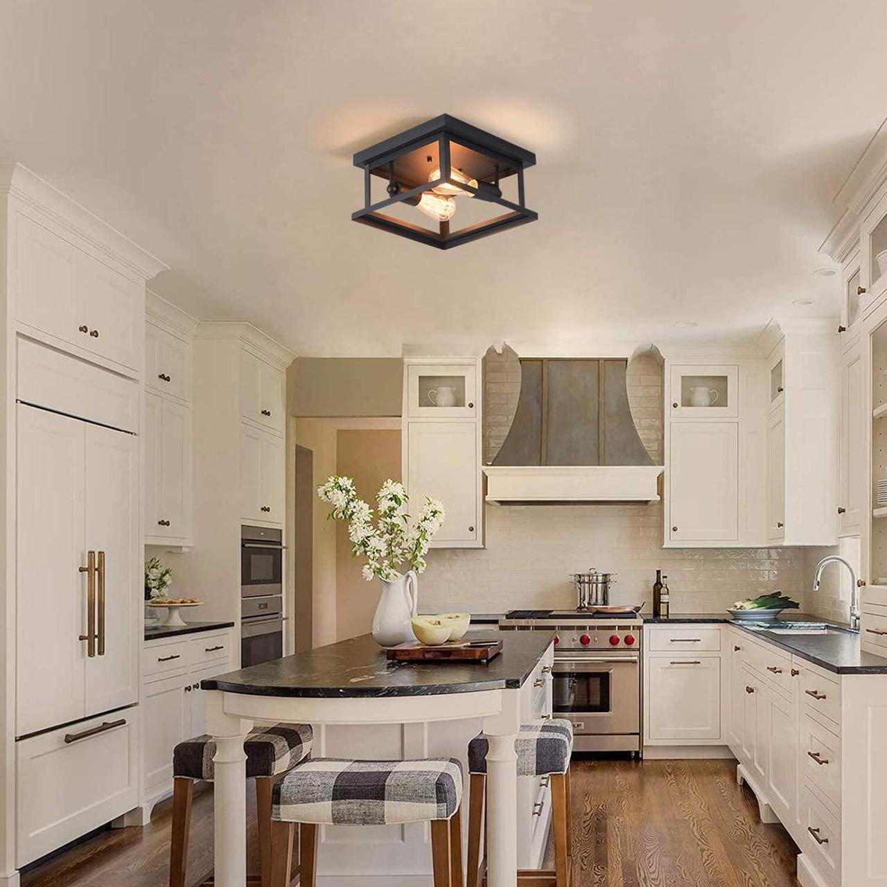 Alt view image 3 of 7 - Retro Rectangle Flush Mount Ceiling Light,Industrial Farmhouse Close to Ceiling Light Black Ceiling Lamp with 2-Light for Kitchen Island Dining Room Bedroom Foyer Hallway