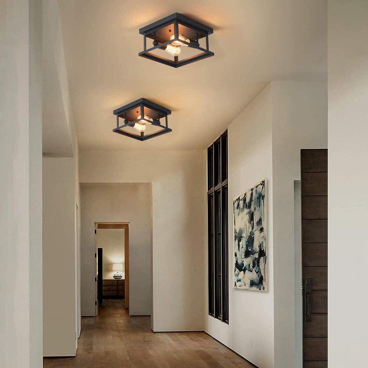 Alt view image 4 of 7 - Retro Rectangle Flush Mount Ceiling Light,Industrial Farmhouse Close to Ceiling Light Black Ceiling Lamp with 2-Light for Kitchen Island Dining Room Bedroom Foyer Hallway