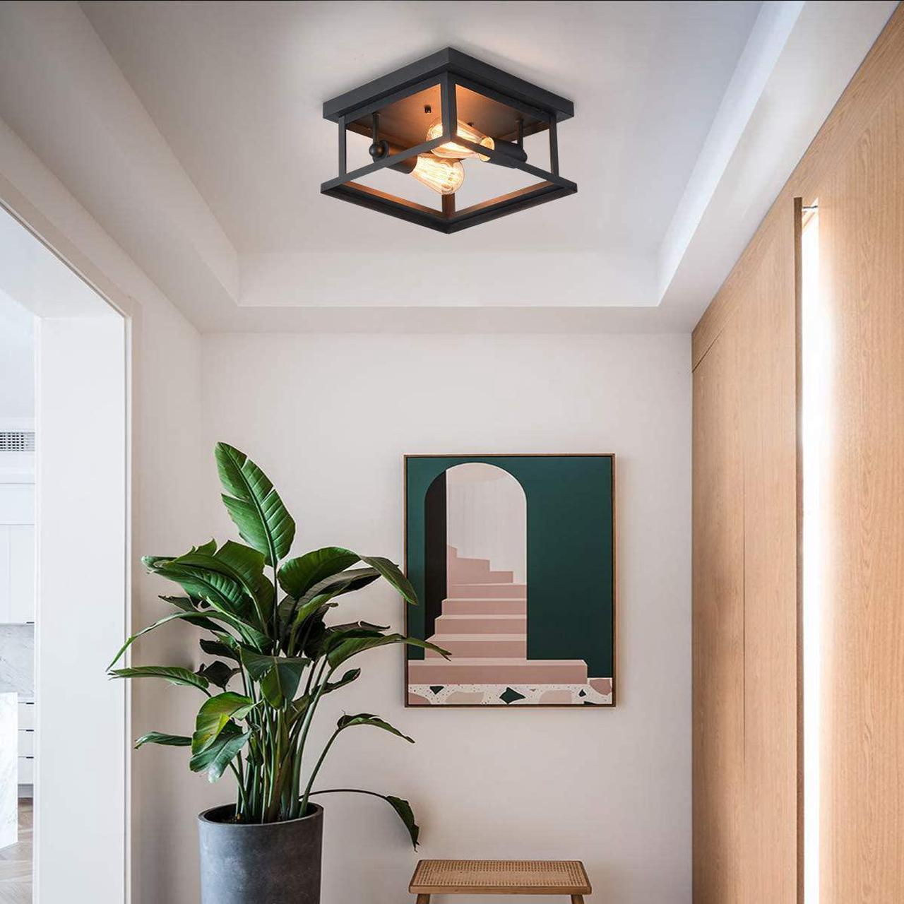 Alt view image 5 of 7 - Retro Rectangle Flush Mount Ceiling Light,Industrial Farmhouse Close to Ceiling Light Black Ceiling Lamp with 2-Light for Kitchen Island Dining Room Bedroom Foyer Hallway