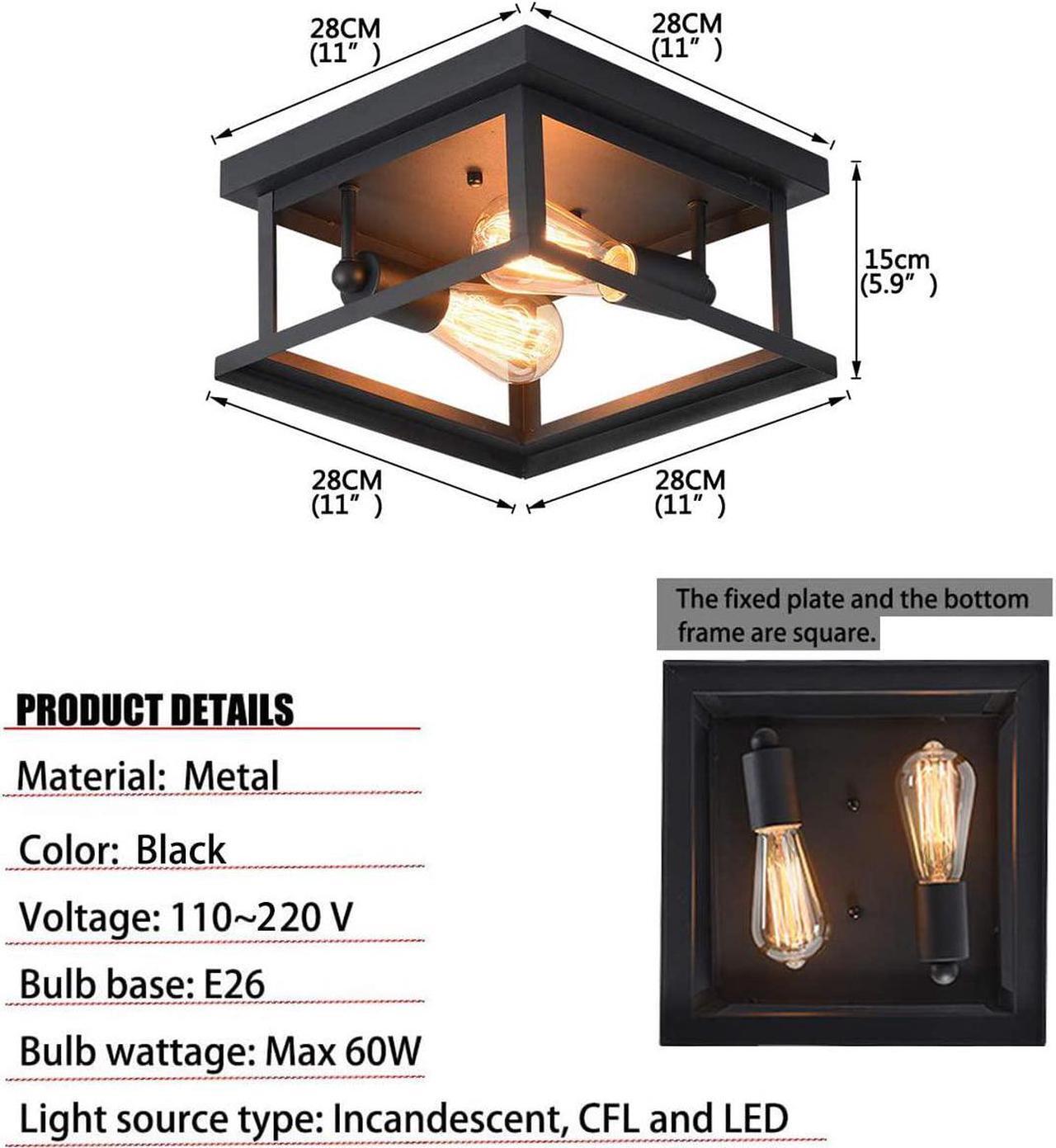 Alt view image 6 of 7 - Retro Rectangle Flush Mount Ceiling Light,Industrial Farmhouse Close to Ceiling Light Black Ceiling Lamp with 2-Light for Kitchen Island Dining Room Bedroom Foyer Hallway