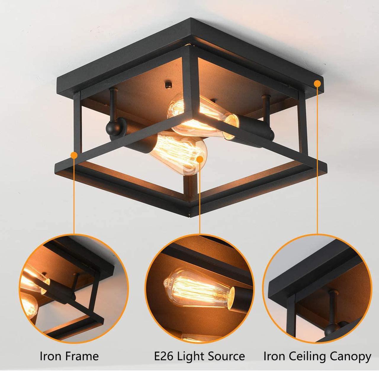 Alt view image 7 of 7 - Retro Rectangle Flush Mount Ceiling Light,Industrial Farmhouse Close to Ceiling Light Black Ceiling Lamp with 2-Light for Kitchen Island Dining Room Bedroom Foyer Hallway