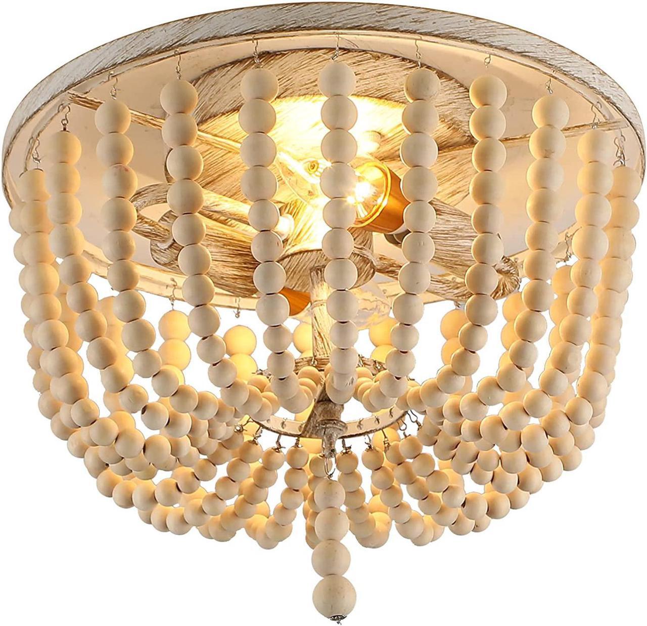 Main image of Wood Beaded Ceiling Light, Boho Farmhouse Chandeliers Lighting Fixture, 2-Light Semi Flush Mount Ceiling Lamp for Bedroom Living Room Kitchen