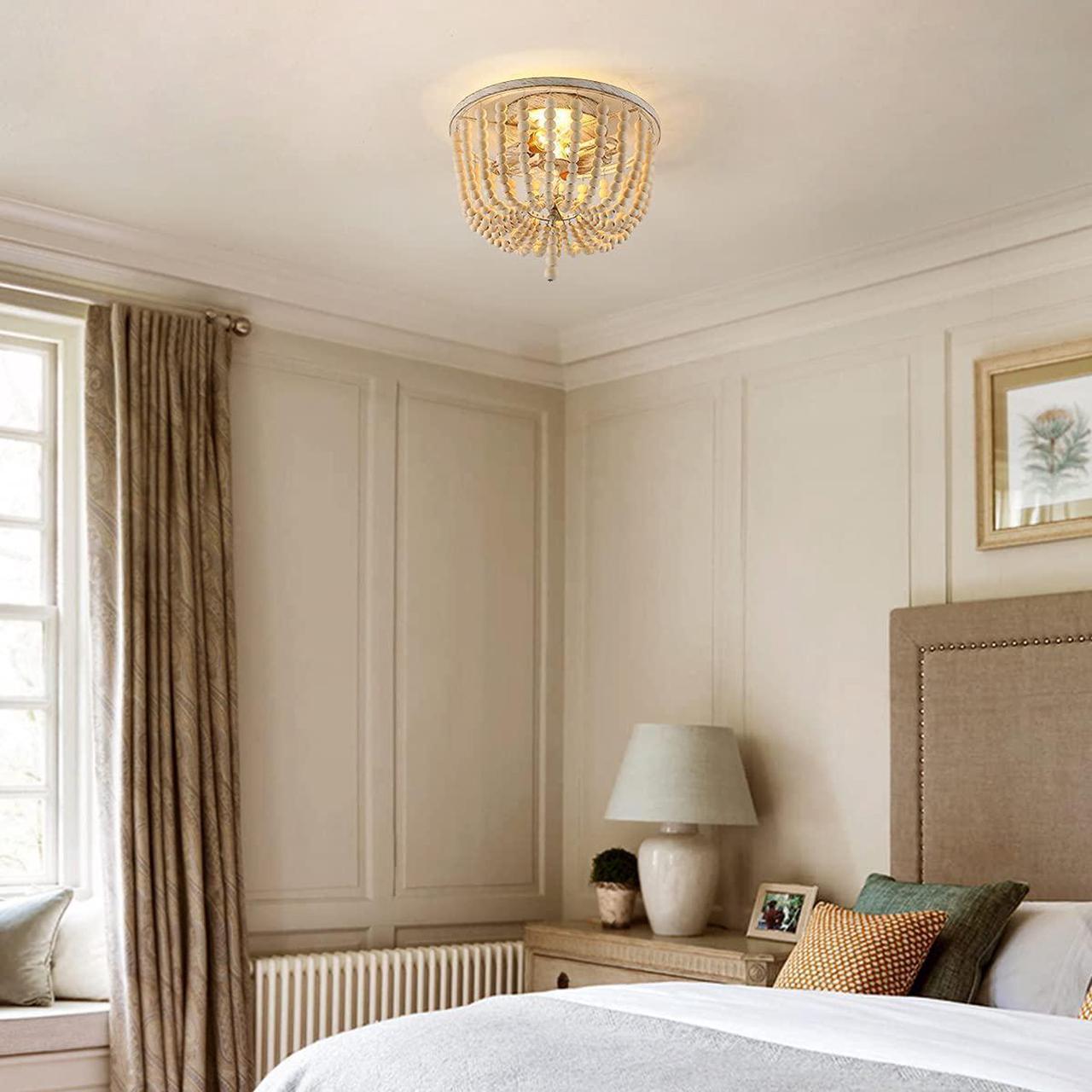 Alt view image 2 of 7 - Wood Beaded Ceiling Light, Boho Farmhouse Chandeliers Lighting Fixture, 2-Light Semi Flush Mount Ceiling Lamp for Bedroom Living Room Kitchen