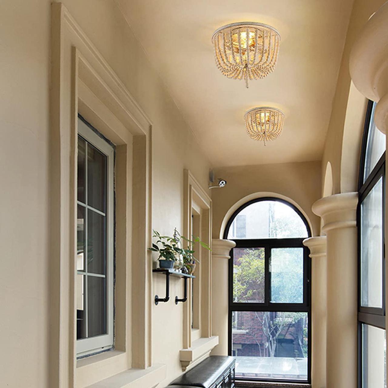 Alt view image 3 of 7 - Wood Beaded Ceiling Light, Boho Farmhouse Chandeliers Lighting Fixture, 2-Light Semi Flush Mount Ceiling Lamp for Bedroom Living Room Kitchen