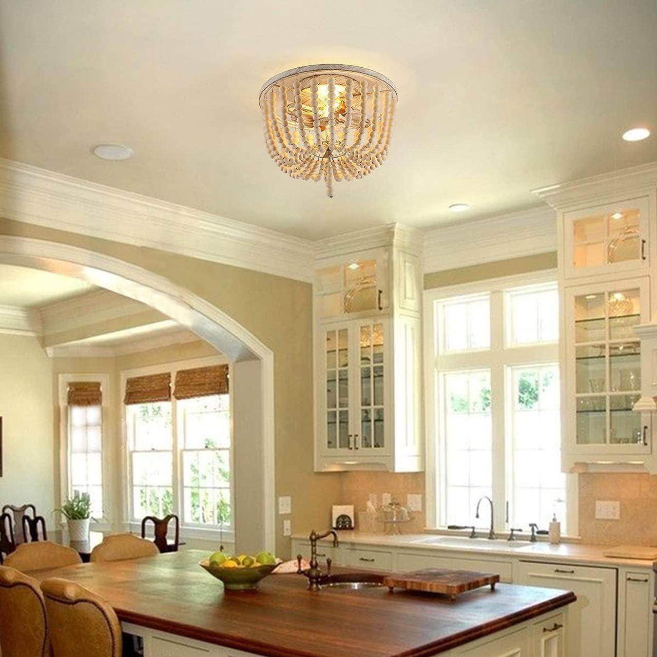 Alt view image 4 of 7 - Wood Beaded Ceiling Light, Boho Farmhouse Chandeliers Lighting Fixture, 2-Light Semi Flush Mount Ceiling Lamp for Bedroom Living Room Kitchen