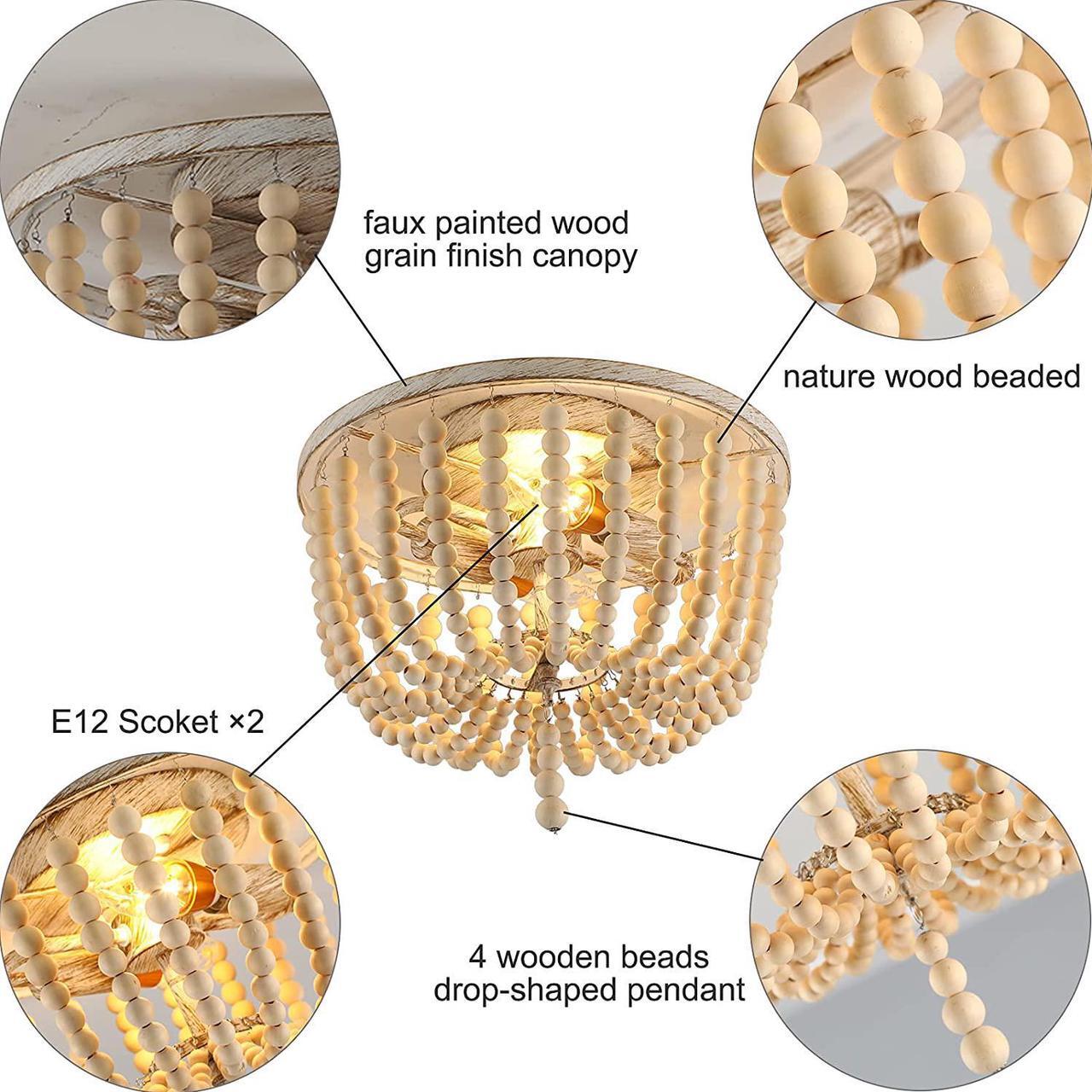 Alt view image 6 of 7 - Wood Beaded Ceiling Light, Boho Farmhouse Chandeliers Lighting Fixture, 2-Light Semi Flush Mount Ceiling Lamp for Bedroom Living Room Kitchen