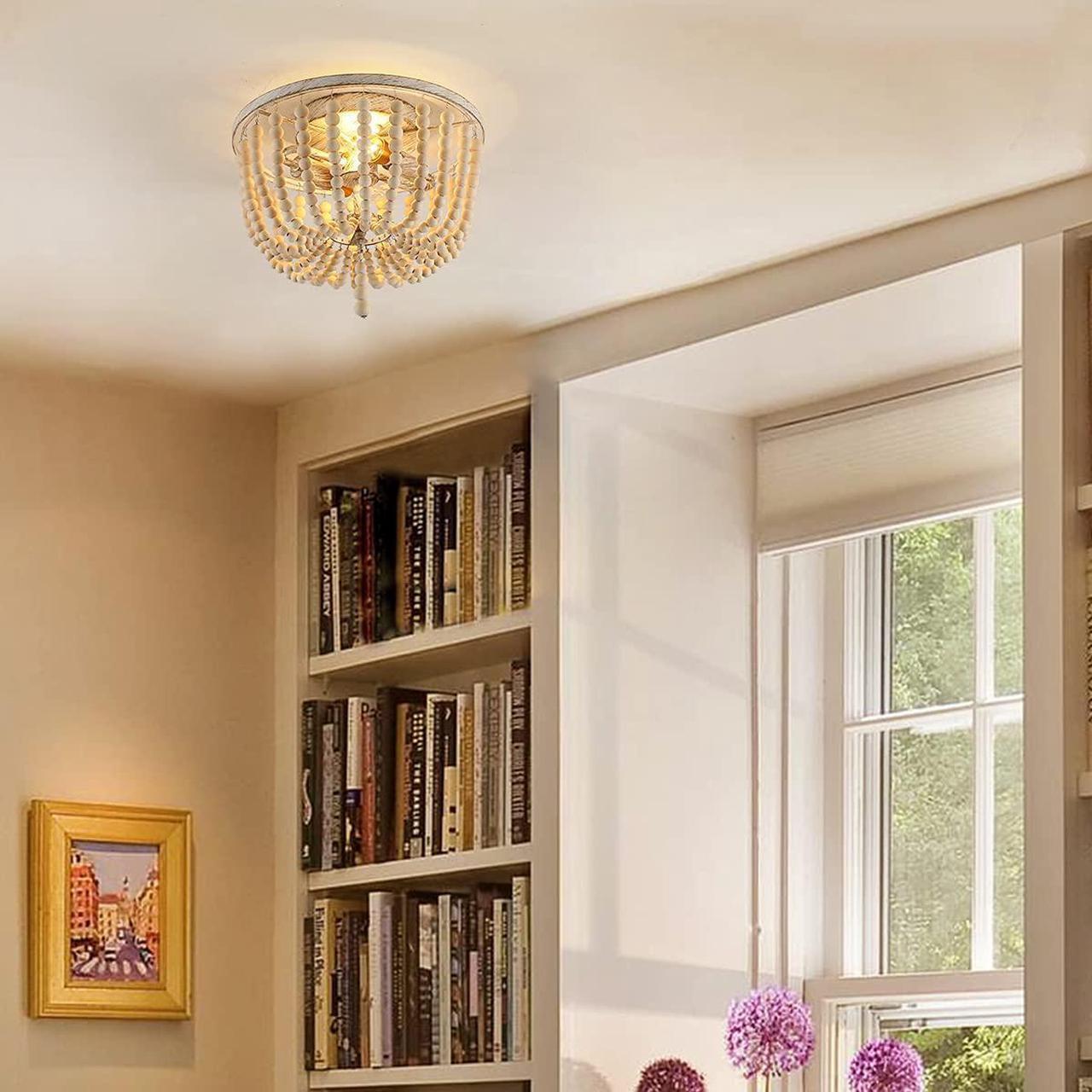 Alt view image 7 of 7 - Wood Beaded Ceiling Light, Boho Farmhouse Chandeliers Lighting Fixture, 2-Light Semi Flush Mount Ceiling Lamp for Bedroom Living Room Kitchen